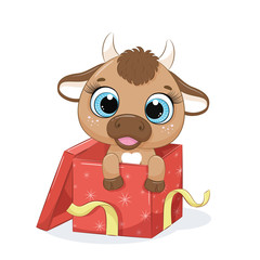 Cute cow in gift box. Vector illustration for baby shower, greeting card, party invitation, fashion clothes t-shirt print.
