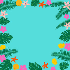 Fototapeta na wymiar Summer background with elements, monstera, palm leaves, flowers, shells. Flat vector illustration.