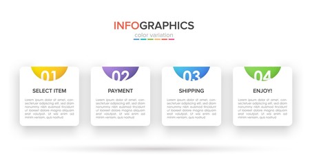 Concept of shopping process with 4 successive steps. Four colorful graphic elements. Timeline design for brochure, presentation, web site. Infographic design layout.