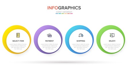 Concept of shopping process with 4 successive steps. Four colorful graphic elements. Timeline design for brochure, presentation, web site. Infographic design layout.