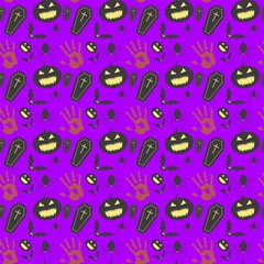 Happy Helloween pattern illustration with isolated objects: bats, spiders, pumpkins, hand prints, coffins, fashionable lettering. Colorful banner for social media networks, prints, packing