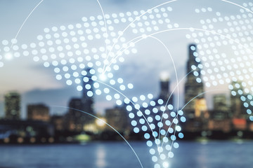 Abstract virtual world map with connections on blurry skyline background, international trading concept. Multiexposure