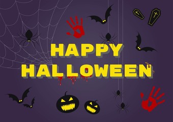 Happy Halloween vector illustration with isolated objects: blood, bats, spider nets, pumpkins, worm, hand prints, coffins, fashionable lettering. Publication for social media networks, prints