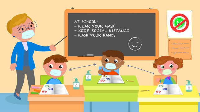 School class with teacher showing COVID-19 rules vector illustration