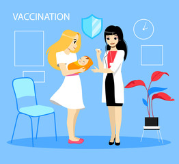 Concept Vector Illustration In Flat Style Of Medical Protection From Childhood Diseases. Cartoon Characters In Vaccination Process. Nurse Injectinig Newborn Kid, Mother Holding Child. Pediatrics Art