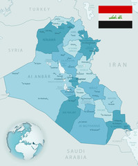 Blue-green detailed map of Iraq administrative divisions with country flag and location on the globe.