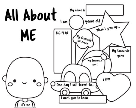 All About Me. Writing Prompt For Kids. Educational Children Page. Back To School Activity