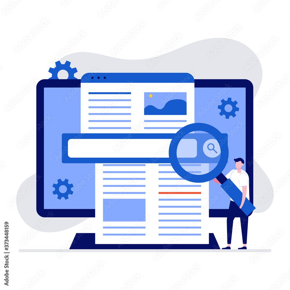 Poster web information search concept with character using magnifier to find information on internet. moder