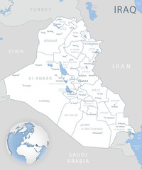 Blue-gray detailed map of Iraq administrative divisions and location on the globe.
