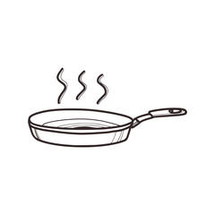 Linear sketch of a kitchen frying pan in doodle style.. Cooking concept. Isolated on white background, stock vector illustration.