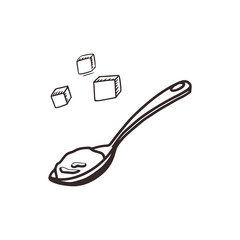  Linear sketch of a spoonful of sugar and cubes in doodle style.. Cooking concept. Isolated on white background, stock vector illustration.