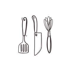 Linear sketch of a spatula for a grill, a whisk and a meat knife. Cooking concept. Isolated on white background, stock vector illustration.
