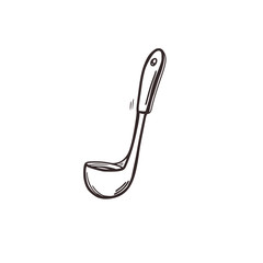 Linear sketch of a ladle in doodle style. Kitchenware. Cooking concept. Isolated on white background, stock vector illustration.