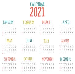 Vector 2021 calendar schedule in modern colored style