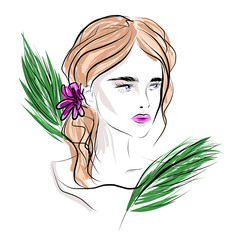 Young Woman with jungle tropical leaves. Elegant Female Portrait. fashion illustration sketch