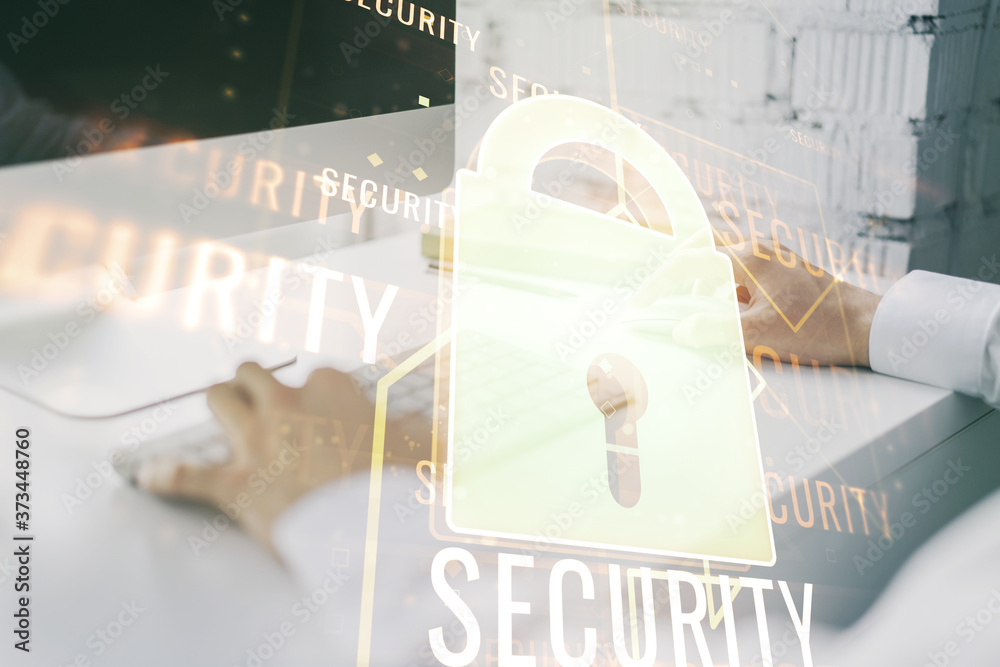 Poster double exposure of creative lock hologram with chip and hands typing on laptop on background. inform