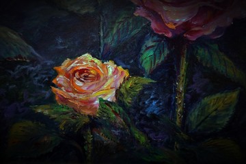  Contemporary  Art oil painting  rose Flowers in Garden  background from thailand 