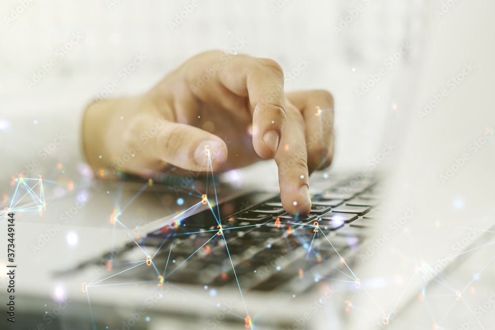 Aufkleber Creative concept of wireless technology and hands typing on laptop on background. Big data and database concept. Multiexposure