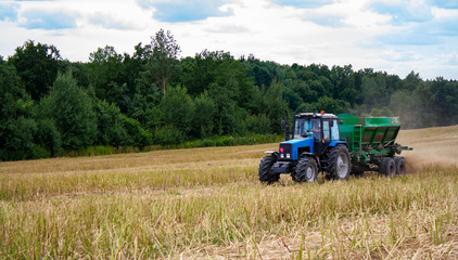 Old blue tractor with a trailer works in a mown rapeseed field against the backdrop of a forest on a sunny day. Seasonal work on a tractor for processing the earth with mineral substances