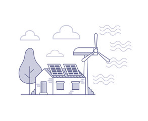 ECO house with solar panels and wind turbine. isolated design. Flat vector design