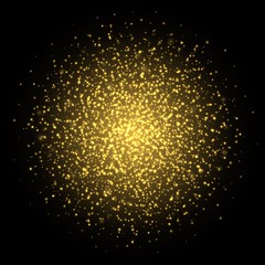 Golden sparkles, abstract luminous particles, yellow stardust explosion isolated on a dark background. Flying Christmas glares and sparks. Luxury backdrop. Vector illustration.