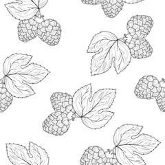 Seamless pattern with hop cones with leaves on branch in engraving style. Vintage texture for pub or wallpaper. Vector isolated illustration. Menu background.