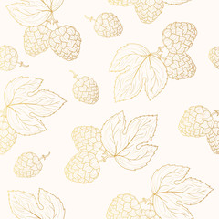 Golden seamless pattern with hop cones with leaves on branch in engraving style. Gold vintage texture for pub or wallpaper. Vector isolated illustration. Menu background.
