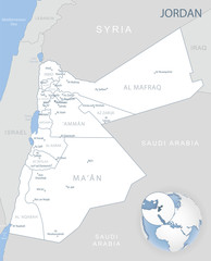 Blue-gray detailed map of Jordan administrative divisions and location on the globe.