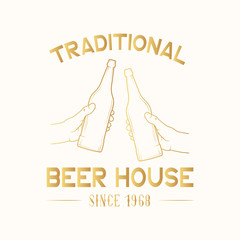 Beer house golden label, badge. Old pub emblem with hands clinking with bottles. Vector illustration with gold vintage brand design.