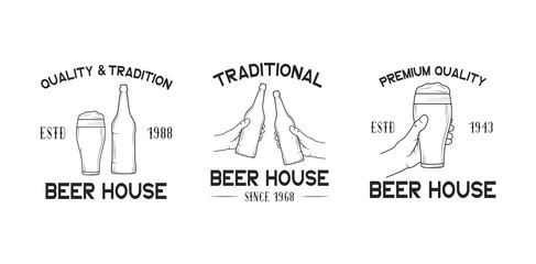 Set of beer house labels, emblems and badges for  pub, bar, restaurant menu. Vector illustration with vintage brand design.