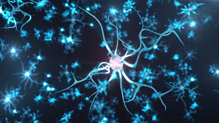 Conceptual illustration of neuron cells send an electrical charge for transmit information. Brain research. Interconnected neurons. Neurons between themselves send electric impulse, 3d illustration
