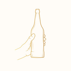 Hand holding a golden bottle of beer. Vector isolated illustration. Icon for pub background. Gold label for brewery.