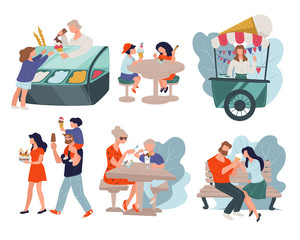 Ice cream stores and stalls, summer dessert vector