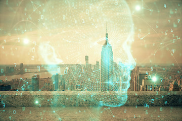 Brain hologram drawing on cityscape background multi exposure. Ai in modern city concept.