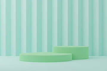 3d illustration pedestal,geometric green podium platform for cosmetic product presentation.Mock up design empty space. Abstract composition in pastel background modern style