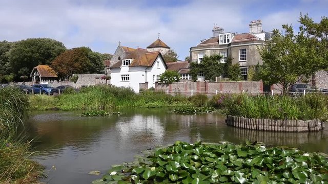Rottingdean village pond in a scenic setting with traditional English Cottages in the background.