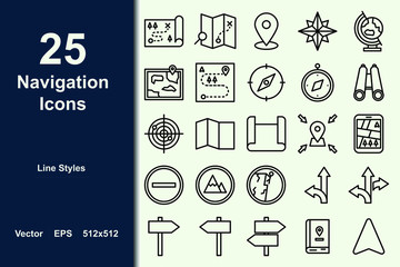 Navigation icons set with line styles for interface, templates, ui design. Consists of icons such as map, arrow, sign, location, compass. 512x512 pixel.