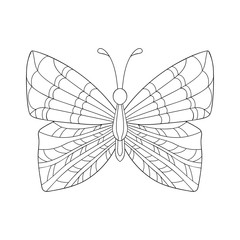 Decorative butterfly with simple striped and wavy pattern on white isolated background. Insect doodle illustration. For coloring book pages.