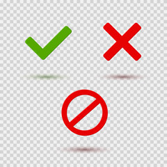 Cross red, check mark, stop icons isolated on transparent background. Symbols Yes, No or X button for correct, vote, wrong decision. Vector checkbox sign and green checkmark elements set