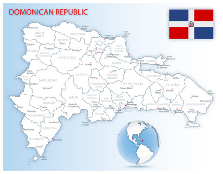 Detailed map of Dominican Republic administrative divisions with country flag and location on the globe. Vector illustration