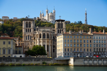 Image of cityscape of Lyon, town in France at riverside Saone at sunny day