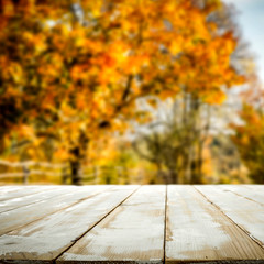 Naklejka na ściany i meble Autumn wooden table on a beautiful sunny day