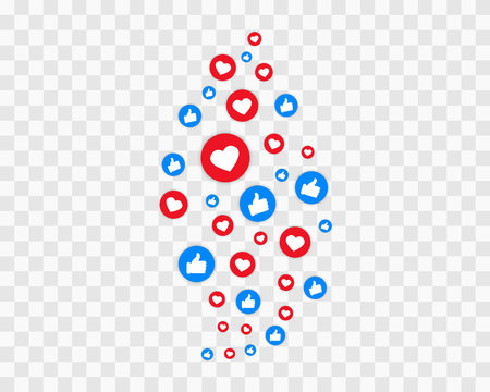 Bunch of like and love icons on a transparent background. Thumbs up. Live video stream on social network. Social media signs.
