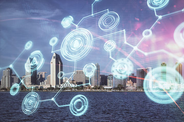 Double exposure of social network theme drawing and cityscape background. Concept of people connecton.