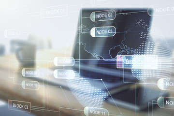 Double exposure of abstract programming language with world map and modern desktop with laptop on background, research and development concept