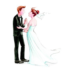Bride and groom at the wedding. Watercolor illustration.