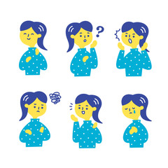 若い女性が笑う怒る泣く表情感情ポーズセット