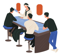 Japanese restaurant serving traditional asian cuisine, chef and clients