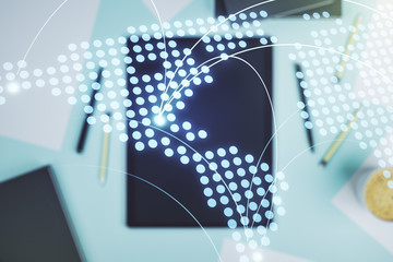 Abstract creative world map with connections and modern digital tablet on background, top view, international trading concept. Multiexposure