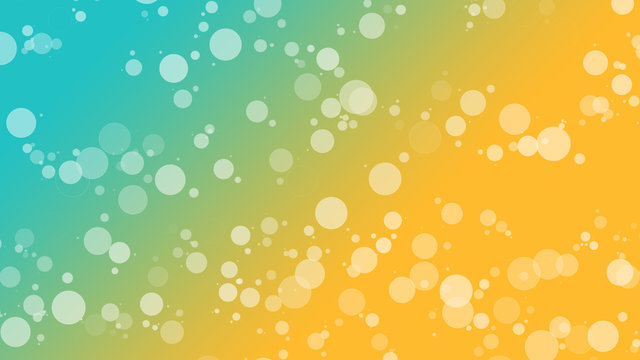 Gradient background bokeh blue and yellow. Flying white bubbles on yellow and blue background.